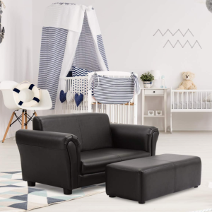 Kids' Two-Seater Sofa with Ottoman – PU Leather Surface – Soft-Armrest Lounge Chair – Toddler Room Furniture – Great Birthday Gift – Black