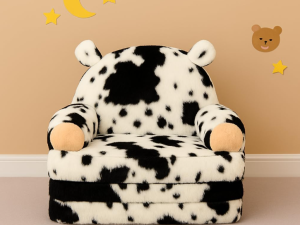Soft Foldable Toddler Sofa Chair – Faux Rabbit Fur Sofa Bed – Convertible Lounge Sofa – Suitable for Reading, Play Areas, and Bedrooms – Cow Print