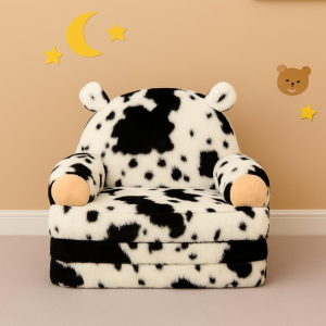 Soft Foldable Toddler Sofa Chair – Faux Rabbit Fur Sofa Bed – Convertible Lounge Sofa – Suitable for Reading, Play Areas, and Bedrooms – Cow Print