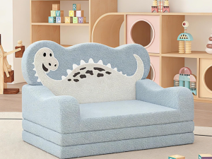 Kids' Foldable Sofa Bed – Soft Toddler Lounge Chair – Convertible Sofa – Birthday Gift / Kids' Room Furniture – Blue Dinosaur Print